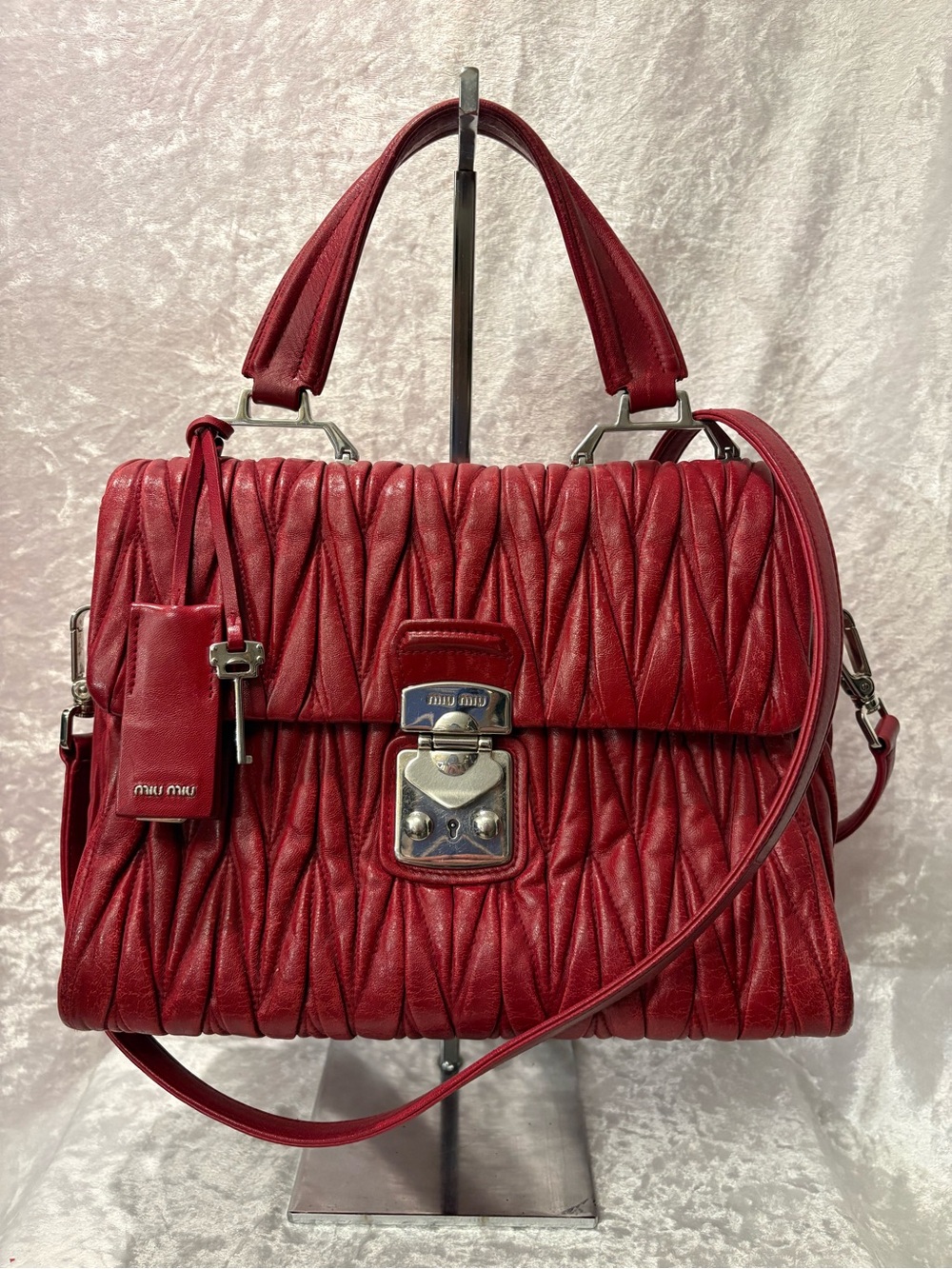 Miu Miu Matelassé Top Handle Confidential Flap Shoulder Bag Deep Red COA